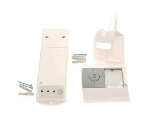 Bosch Funkregler-Set mit zwei separaten Komponenten, Schrauben und Dübel. Enthält eine Steuerungseinheit und eine Montagehalterung.